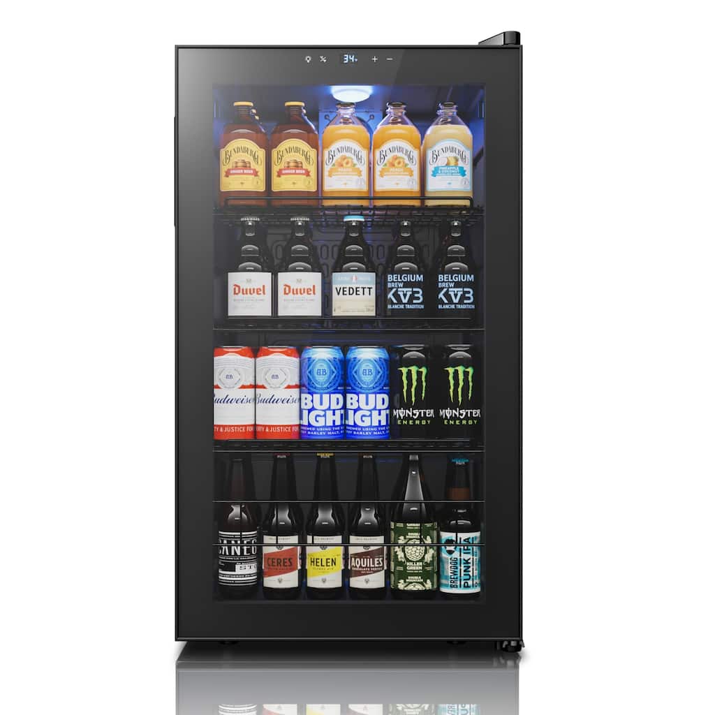 3.35 Cu.Ft Beverage Refrigerator, Glass Door Cooler with LED Display, Quiet Compressor, 102-Can Capacity