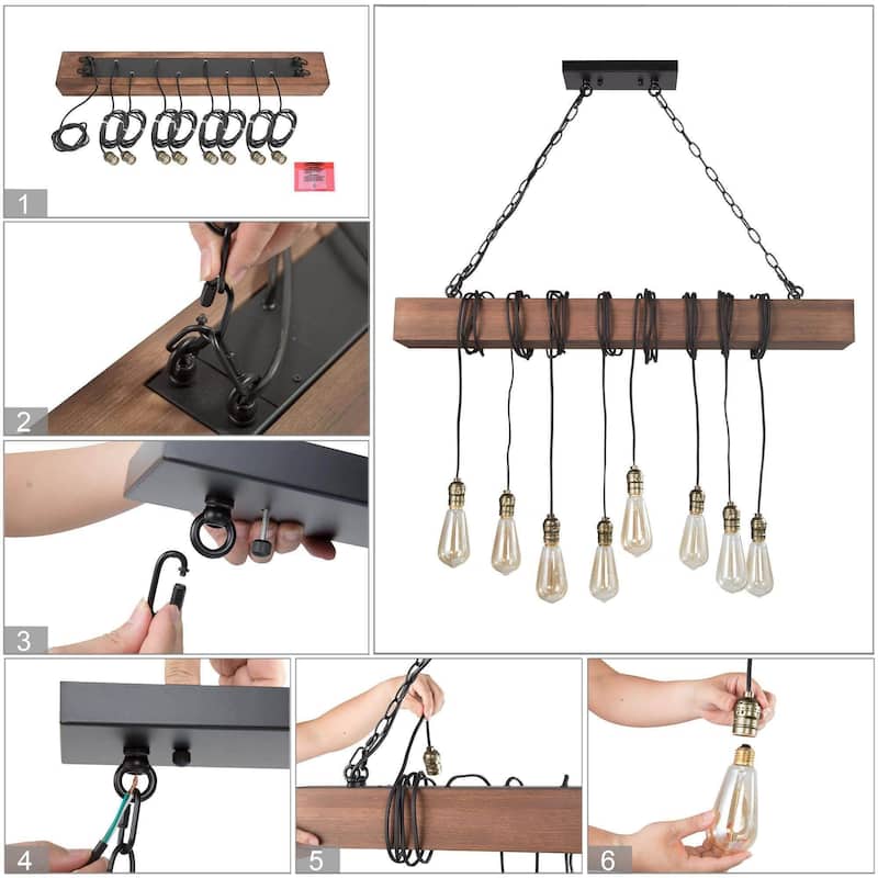 Modern Farmhouse 8-Light Wood Chandelier Linear Island Lights for Dining Room - L 37.5'' x W 5.5'' x H 59''