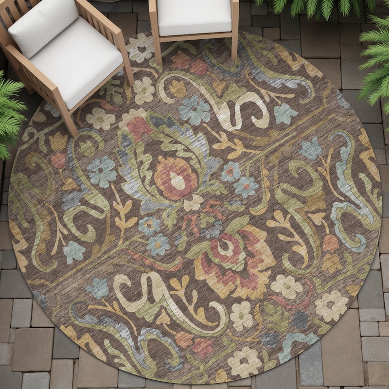 Machine Washable Indoor/Outdoor Floral Watercolor Chantille Rug - Chocolate - 8' x 8'