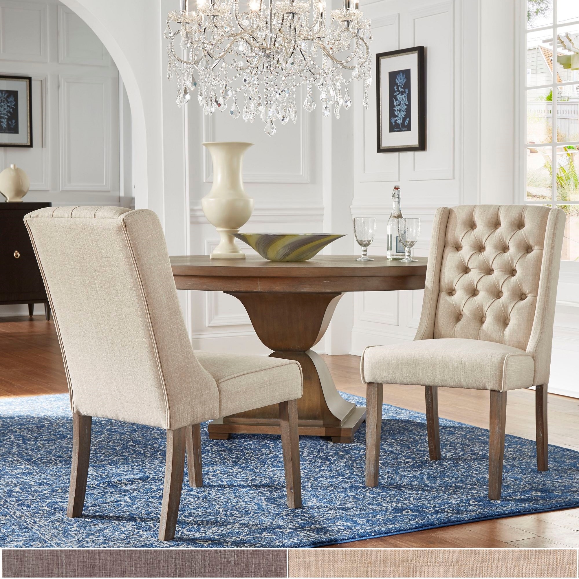 Evelyn Chestnut Finish Linen Tufted Chairs Set of 2 by iNSPIRE Q Artisan