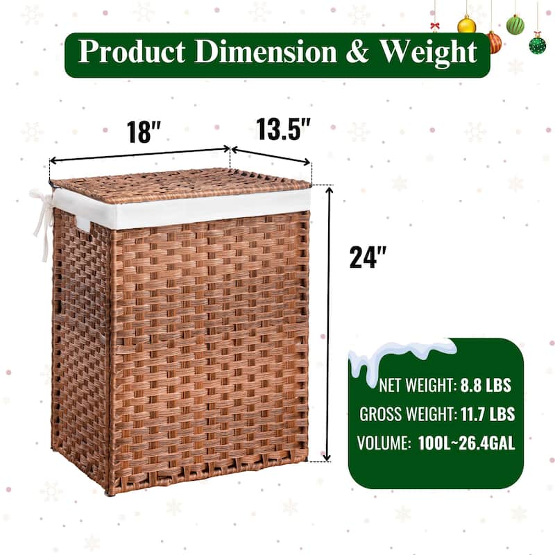 Laundry Hamper with Lid, 100L Wicker Laundry Baskets with 2 Removable Liner Bags - 18"Lx13.5"W x24"H