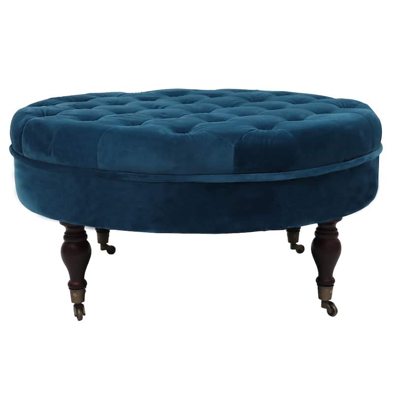 Maypex 32-inch Tufted Velvet Round Cocktail Ottoman with Wheels - Navy