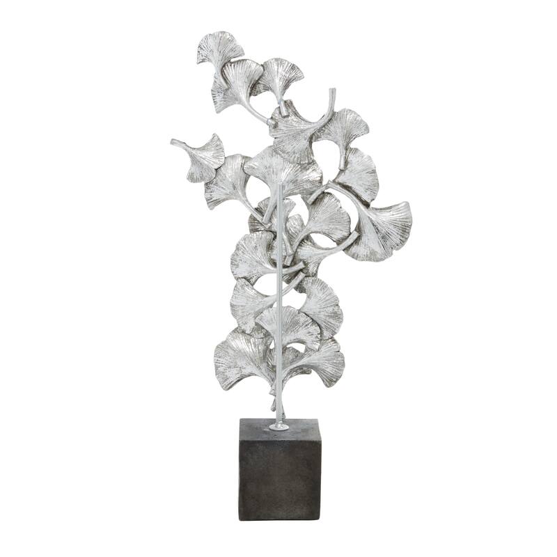Silver Polystone Floral Decorative Sculpture with Black Block Base - 10 x 3 x 19