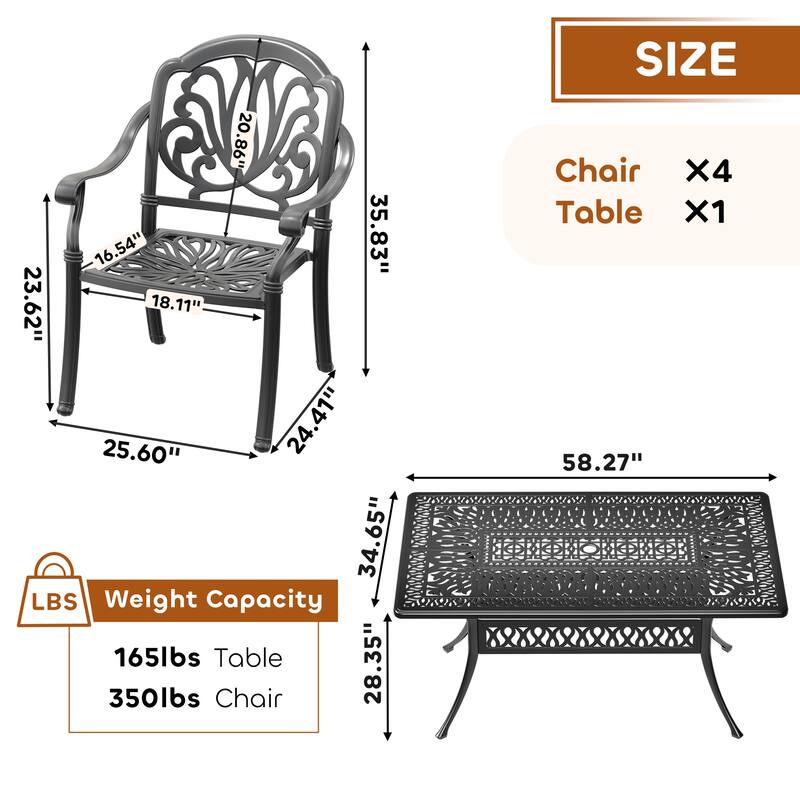 5/7-Piece Cast Aluminum Outdoor Dining Set with 58.27'' L X 34.65'' W Rectangular Table and Seat Cushions