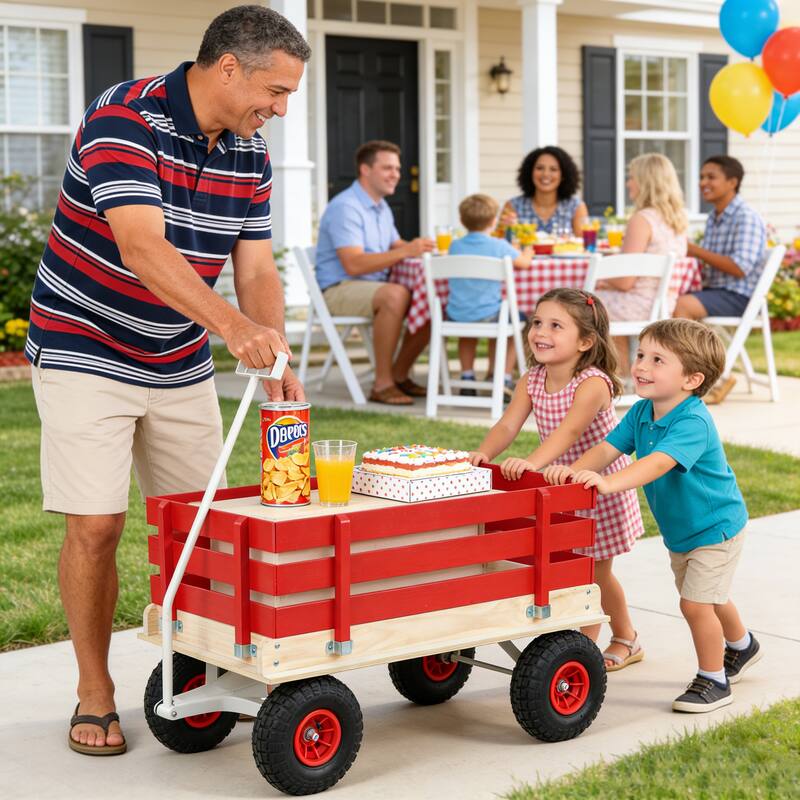 Wooden Garden Cart with Inflatable Wheels - All-Terrain Children's Hauler for Camping & Yard, Red