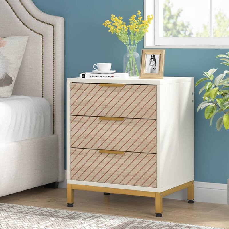 Wood Grain Nightstands, 3-Drawer Storage Bedside End Tables for Bedroom