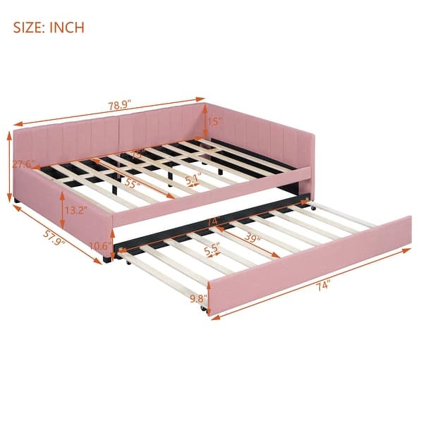 dimension image slide 7 of 8, L-Shaped Backrest Daybed Upholstered Daybed Frame Classic Wood Slats Design with 2 Storage Drawers or Trundle, Full Size