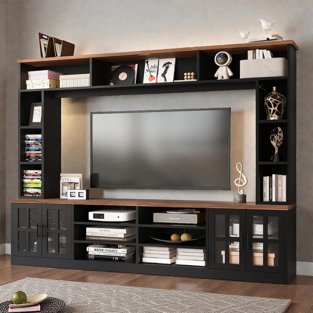 95.5" Wall Unit Entertainment Center TV Stand with Bookshelves, Storage Cabinets and Glass Doors for 80 Inch TV