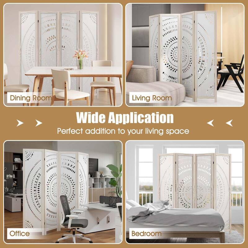Costway 66" Boho 4-Panel Room Divider with Carved Pattern & Solid Wood - See Details