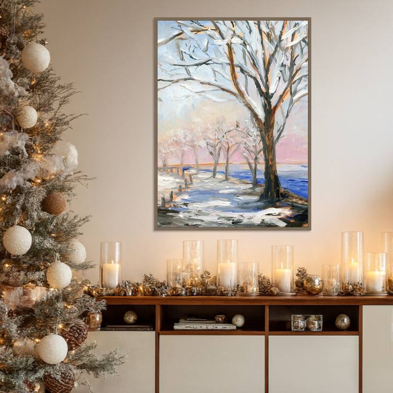 Lakeside in Winter by Sandra Iafrate Framed Canvas Wall Art Print - Sylvie Dark Gold