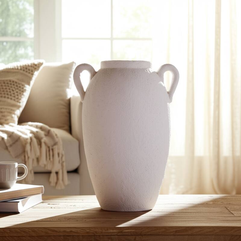 Neutral Ceramic Textured Amphora Jug with Handles Vase - White