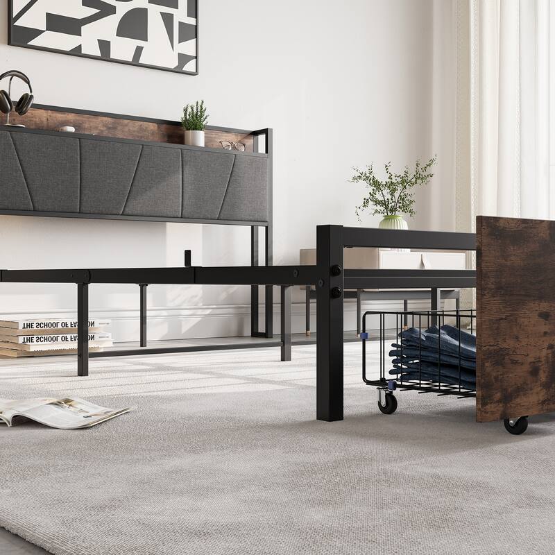 Rustic Style Metal Platform Bed Frame with 2 Drawers & Charging Station