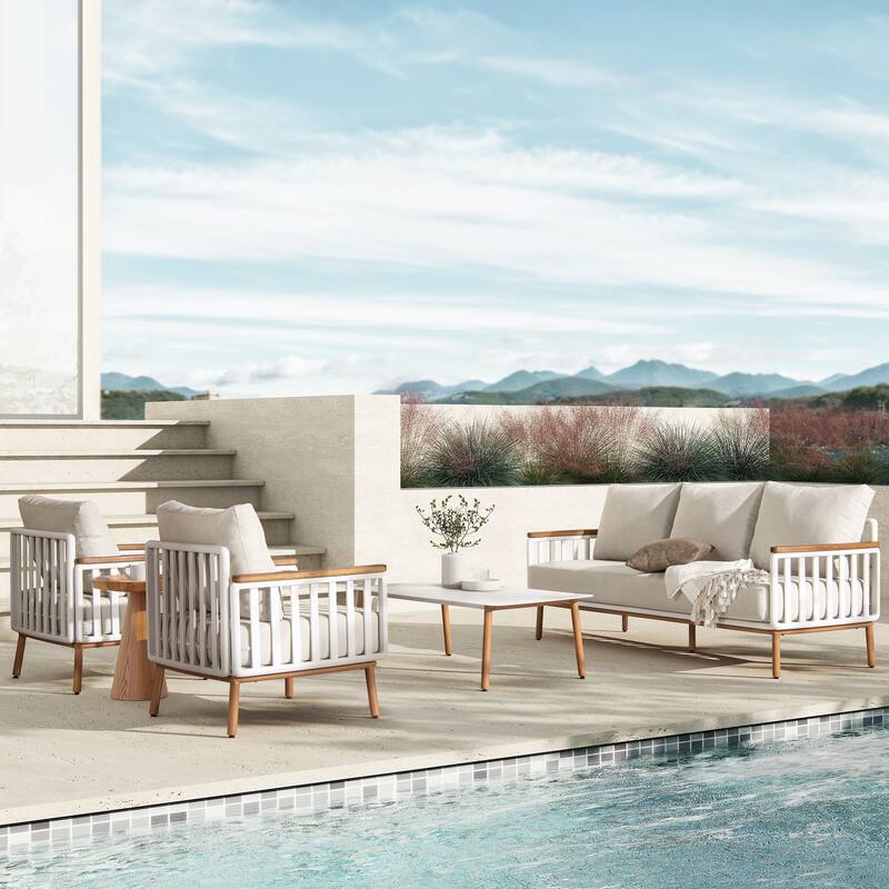 Calarono 29" Teak & Aluminum Patio Accent Arm Chair Set of 2 Sand Dune Chenille