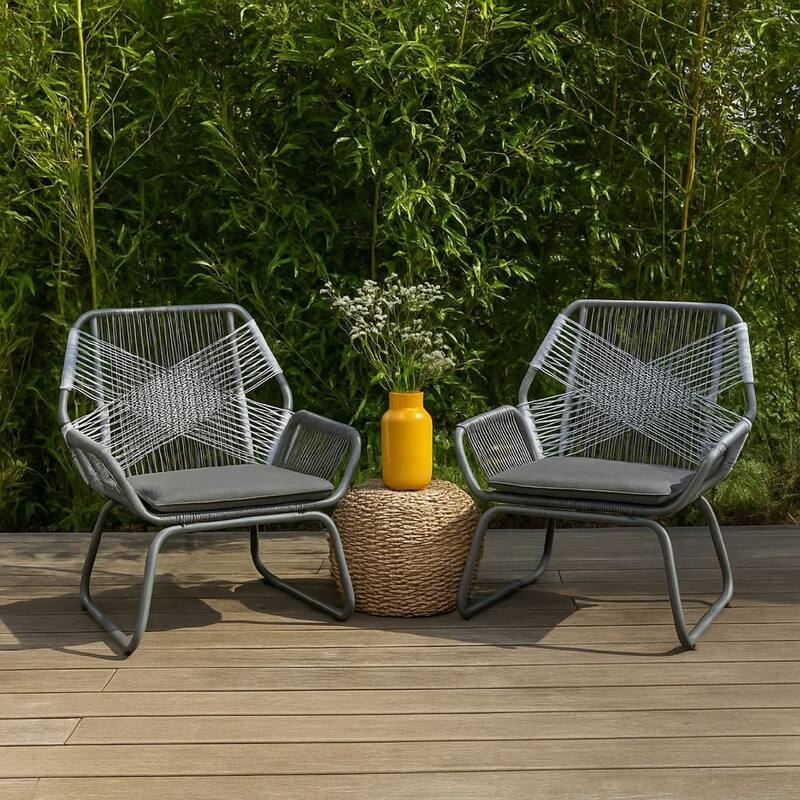 Meny Outdoor Club Chair Set of 2, White Rattan Woven, Matte Gray Metal