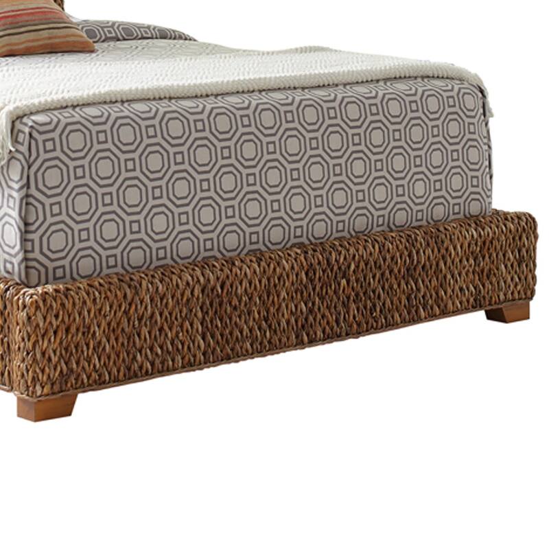 Hand Woven Banana Leaf Queen Size Bed with Chamfered Legs, Brown