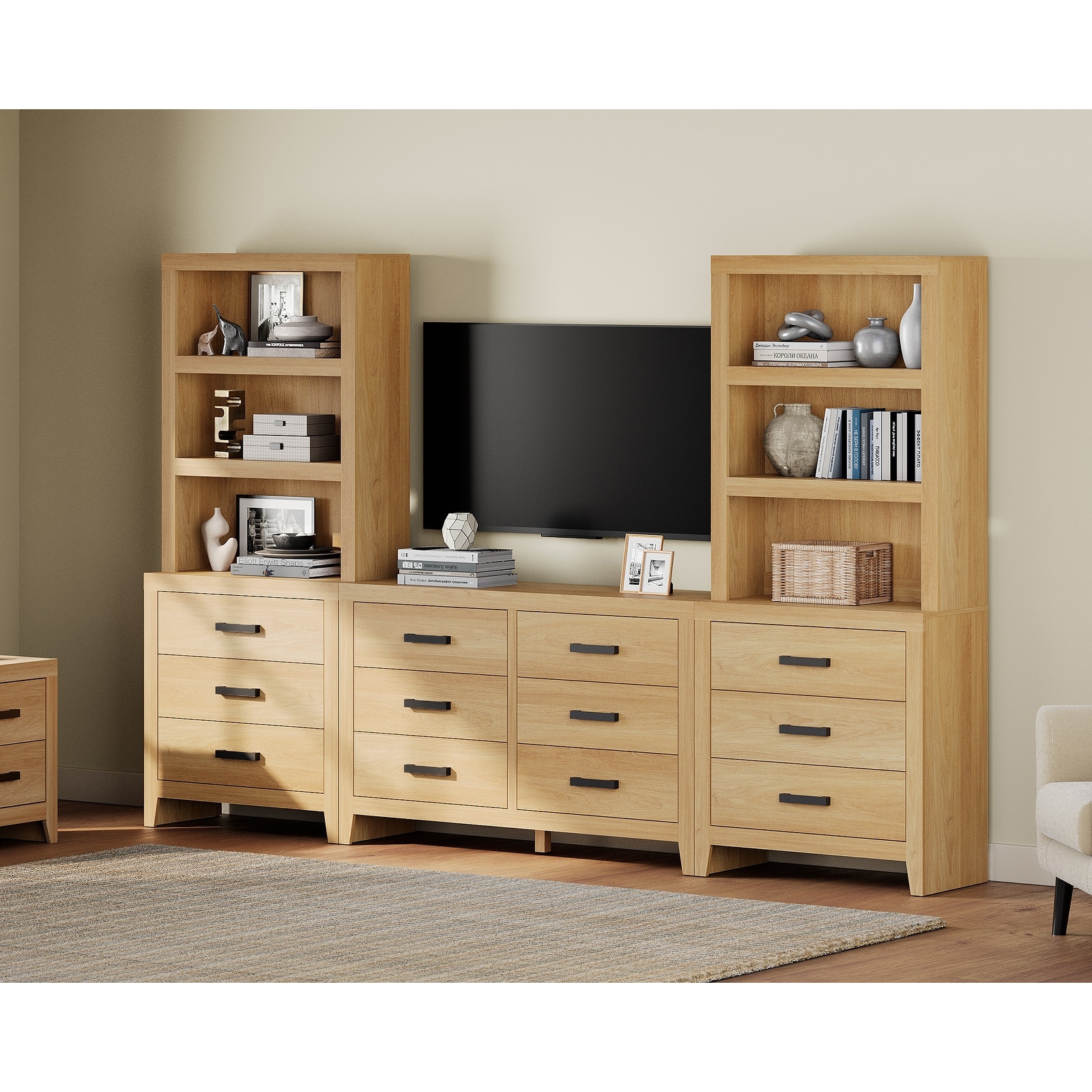 WAMPAT Farmhouse Entertainment Center with Bookshelves, Media Console & Storage Drawers