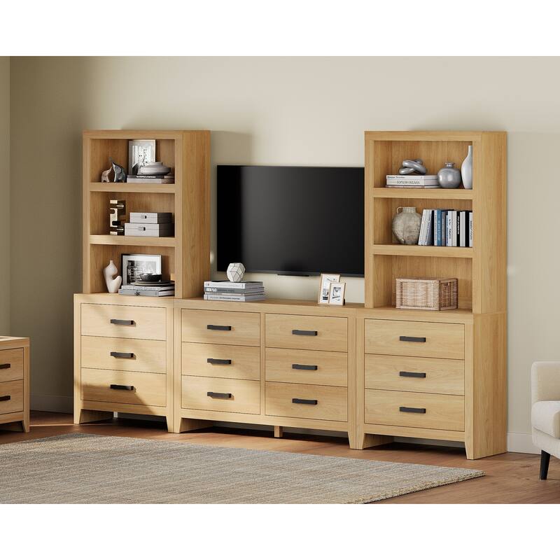 WAMPAT Farmhouse Entertainment Center with Bookshelves, Media Console & Storage Drawers - Oak