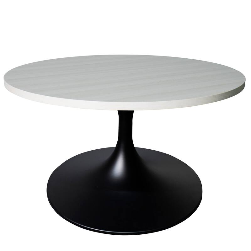 LeisureMod Verve 27" Round Coffee Table with MDF Wood TableTop and Black Steel Base for Living & Bedroom - Light Natural