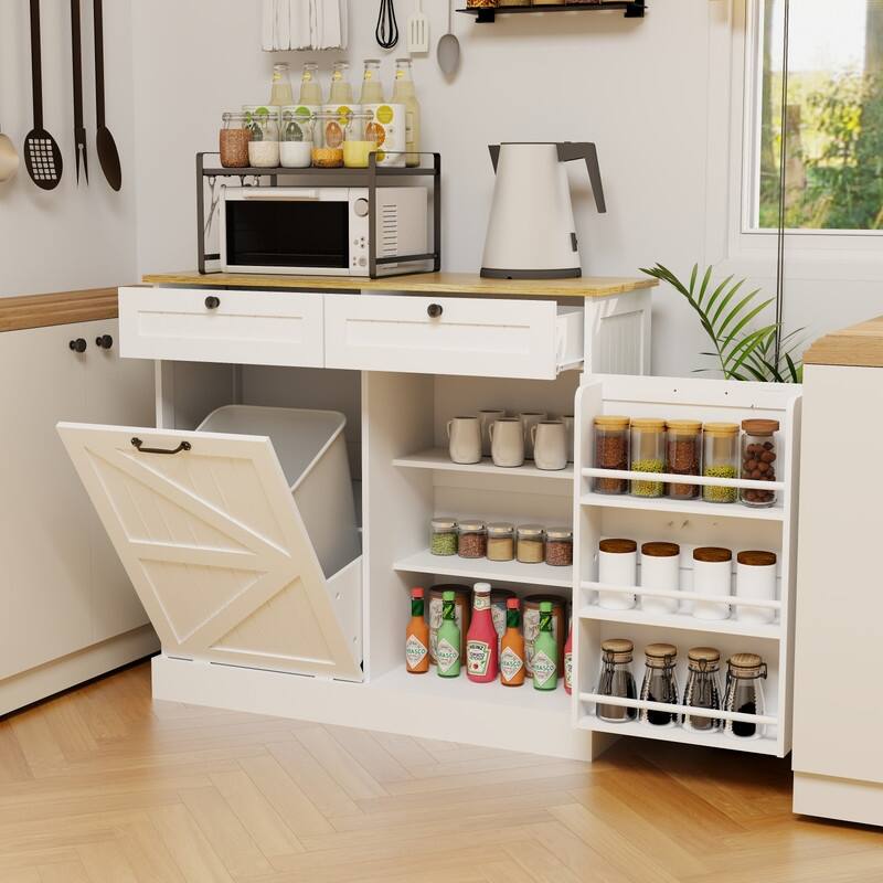 White Kitchen Trash Can Storage Cabinet with Drawers and Shelves