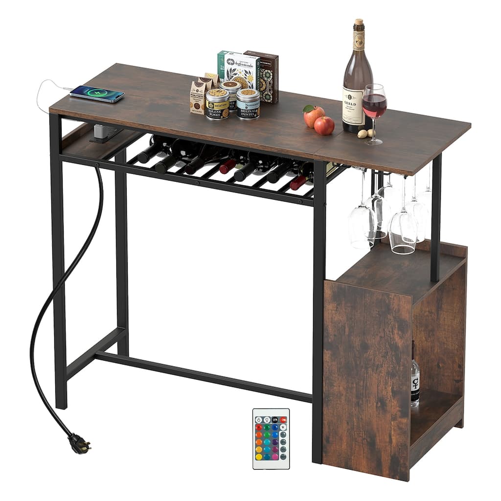 Gymax Rectangular Bar Table w/ Charging Station LED Light Wine Rack 2