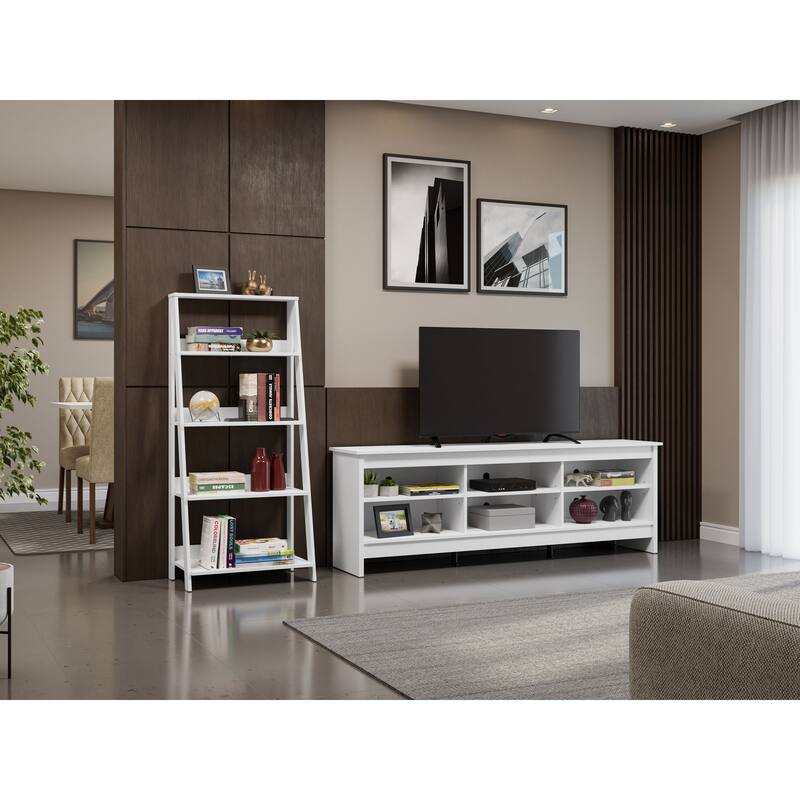 Madesa 6 shelves TV Stand up to 75" + Ladder Shelf Standing Bookcase - White