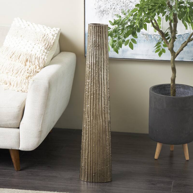 Aluminum Metal Slim Flat Tall Floor Cone Vase with Textured Ridges - Brass - Roche River Decor