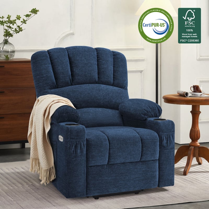 MCombo Power Lift Recliner Chair, Massage and Heat for Elderly, Extended Footrest,Cup Holders, USB Ports 7095 - Fabric-Navy Blue