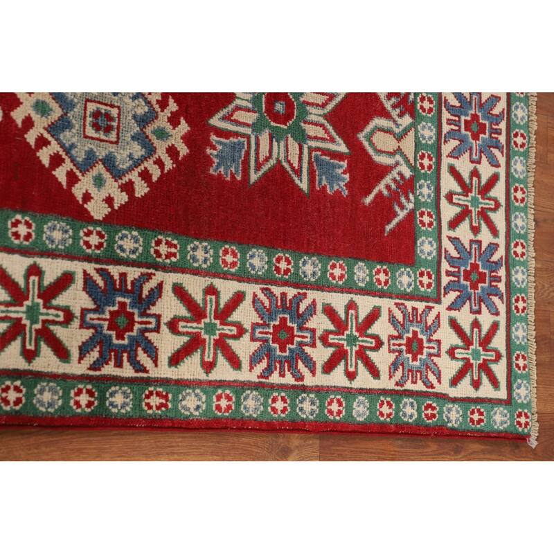 Red Kazak Oriental Area Rug Hand-Knotted Geometric Wool Carpet - 5'0" x 6'7"