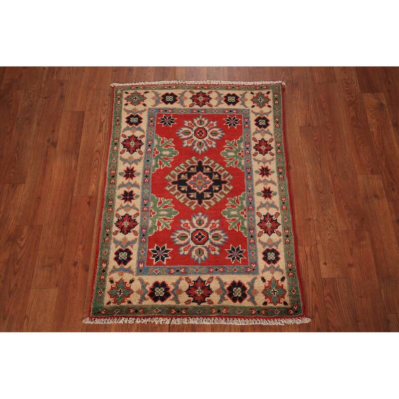 Red Kazak Foyer Rug Handmade Oriental Geometric Wool Carpet - 2'0" x 3'0"