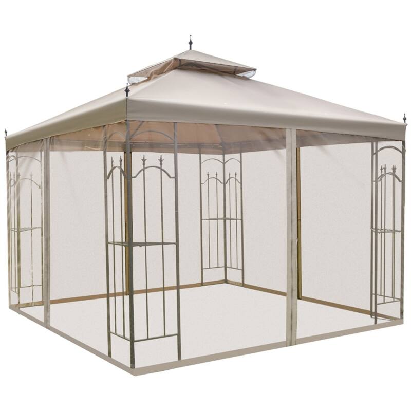 Brown-Charcoal Grey Polyester Steel Outdoor Gazebo with Shelves and Netting - Brown-Charcoal Grey