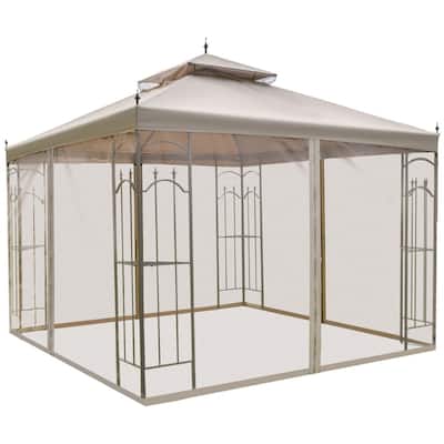 Brown-Charcoal Grey Polyester Steel Outdoor Gazebo with Shelves and Netting