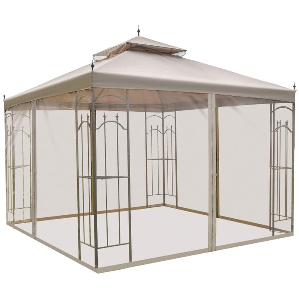 Brown-Charcoal Grey Polyester Steel Outdoor Gazebo with Shelves and Netting