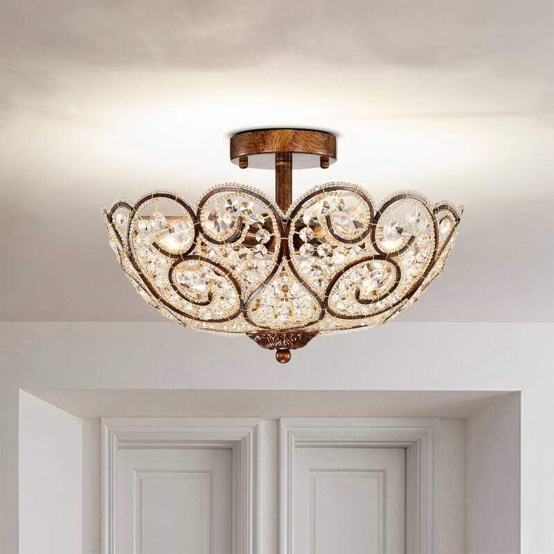 Kairo 6-Light Spain Bronze Semi-Flush Mount Ceiling Lamp with Scroll and Crystal Shade - Spanish-Bronze