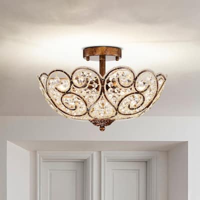 Kairo 6-Light Spain Bronze Semi-Flush Mount Ceiling Lamp with Scroll and Crystal Shade - Spanish-Bronze