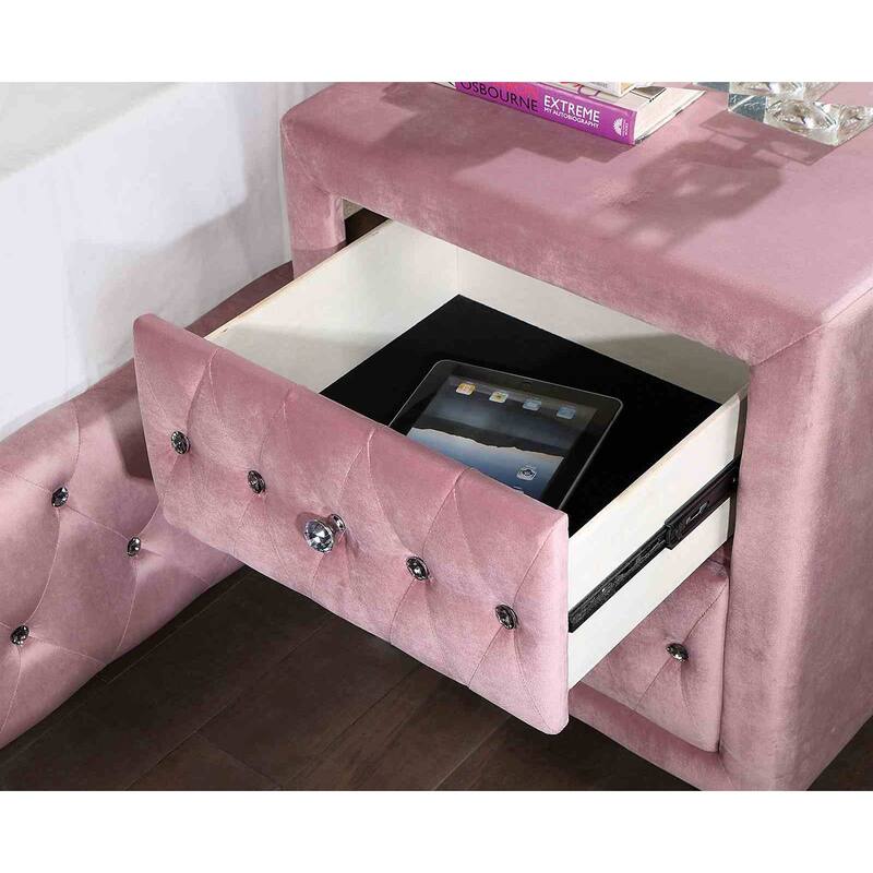 Glam Style Pink Upholstered Bedroom Set with Crystal Tufting