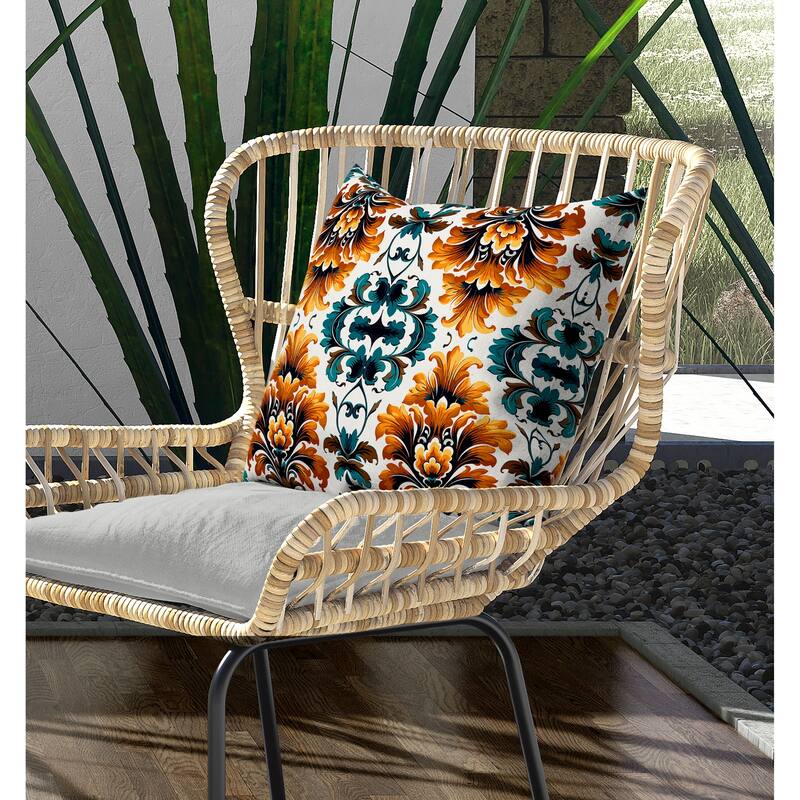 Damask Rapture Indoor/Outdoor Reversible Throw Pillow Turquoise and Orange