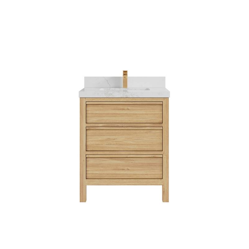 Willow Collections 30 in. W x 22 in. D Elizabeth Solid Teak Wodd Single Sink Bathroom Vanity with Countertop - 2" Calacatta Nuvo - Light Natural Teak