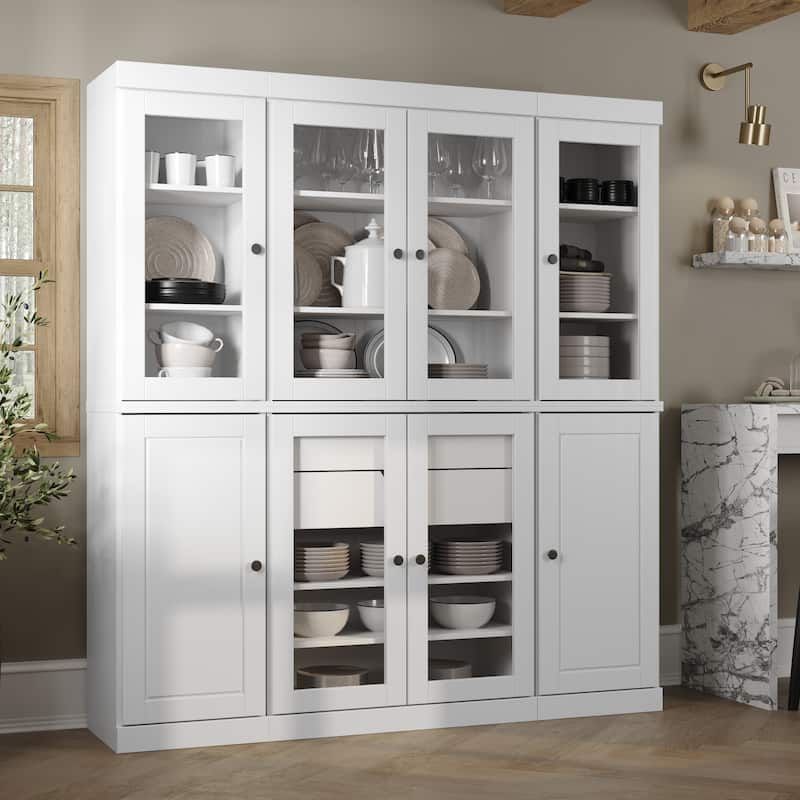 Palace Imports 100% Solid Wood Pantry China Cabinet, Raised Panel & Clear Glass Doors, 2 Drawers, 65" Wide, 71.5" Tall - White