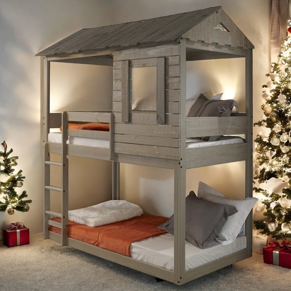 slide 2 of 7, Twin Over Twin Bunk Bed with Built-in Ladder,Guardrails-Grey Grey