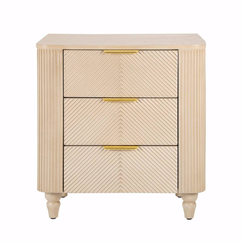Mid-Century Fluted 3-Drawer Nightstand with Curved Design and Gold Handles