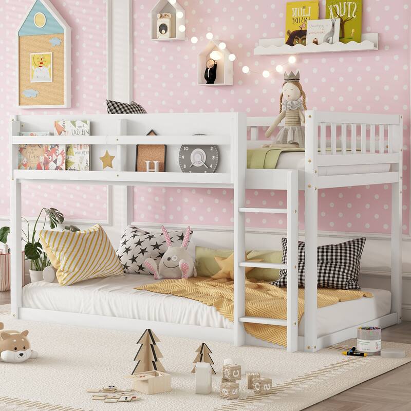 Roomfitters Twin Over Twin Bunk Bed, Low Floor Loft Platform Bed and Shelf with Wooden Frame for Bedroom - White - Twin