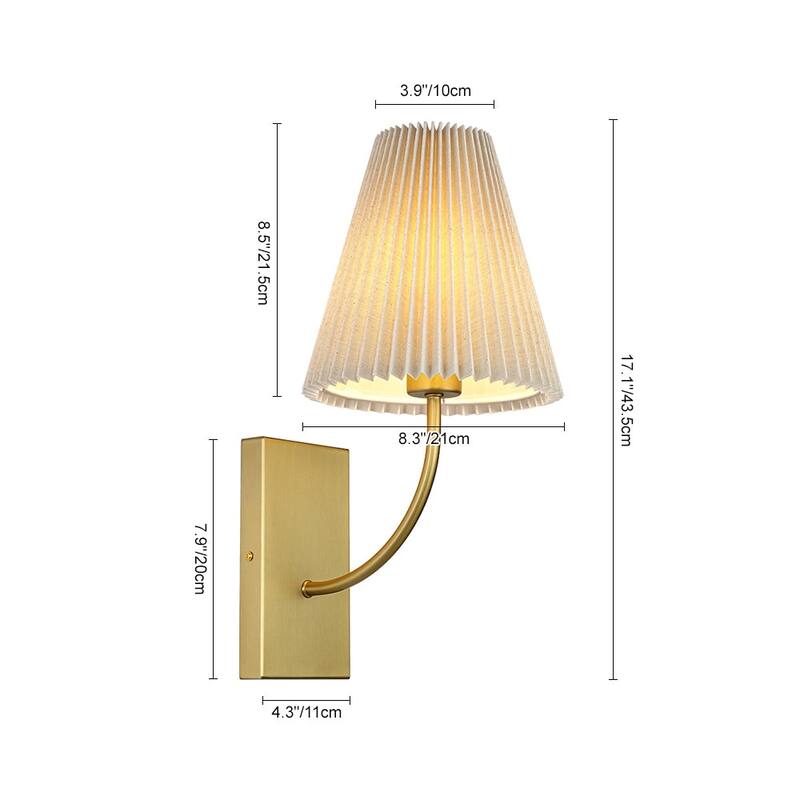 Mid-Century 1-Light Pleated Ivory Fabric Armed Wall Sconce
