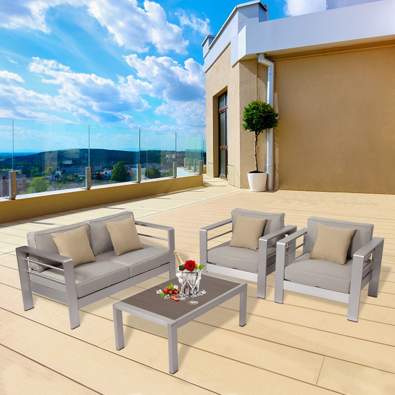 Shop Kinbor 4 Piece Patio Furniture Set Outdoor Conversation Set W Cushions Aluminum Sofa Couch Chat Set For Indoor Outdoor Overstock 31984640