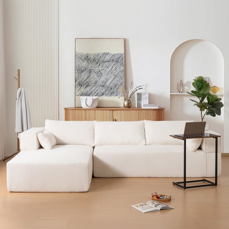 L Shaped Boucle Fabric Sectional Sofa w/ Chaise Lounge, Side Table, Pillows