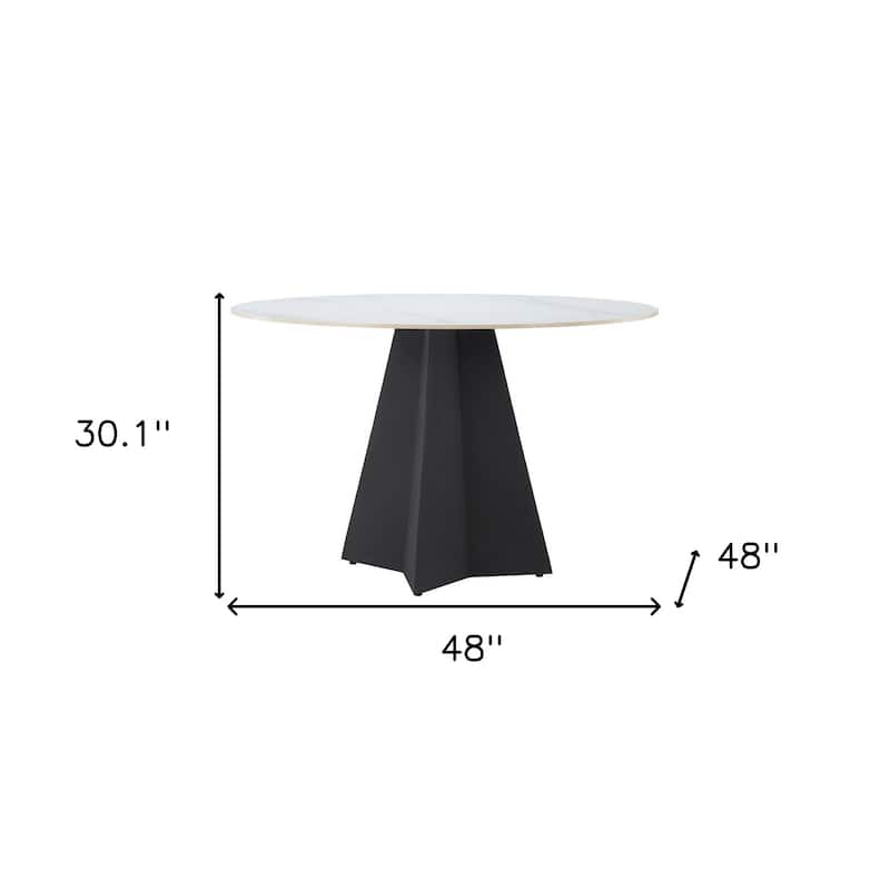 HomeRoots 48" White and Black Sintered Stone and Steel Pedestal Base Round Dining Table - 48.00 in. x 30.10 in. x 48.00 in.