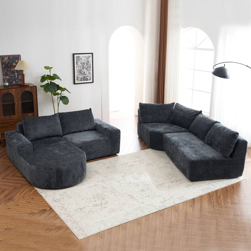 Chenille U-shaped Sofa, Cloud Sectional Sofa Set Upholstered Deep Seat Couches with 6 Pillow Recliner Sofa for Living Room