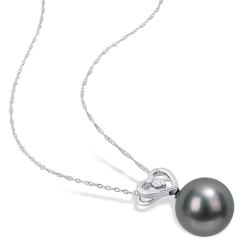 Miadora Tahitian Cultured Pearl & Diamond Accent Heart Drop Necklace in 10k White Gold (9.5-10mm)