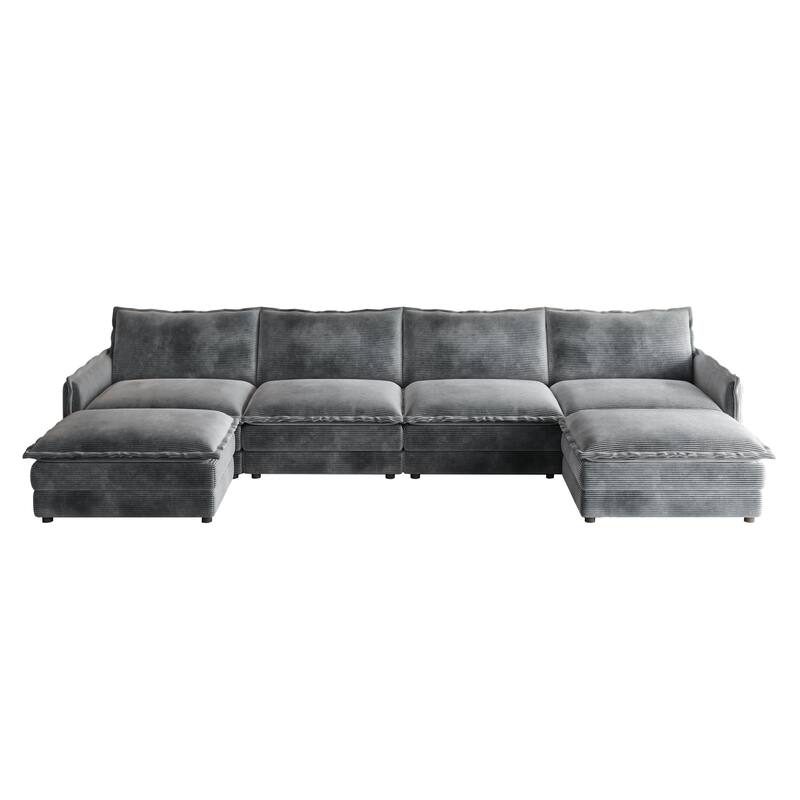 4-Seater Couch with 2 Ottomans, Corduroy Upholstered Cloud Sectional Deep Seat Sleeper Sofa U-Shaped Modular Couch