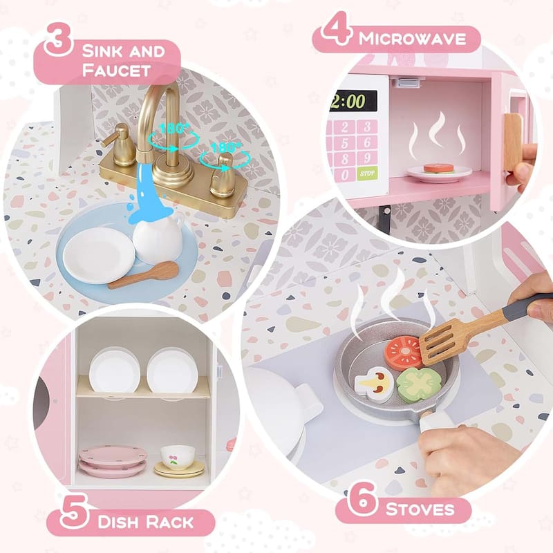 Pretend Kids Kitchen Playset Wood Toy Kitchen w/Sound for Aged 3+