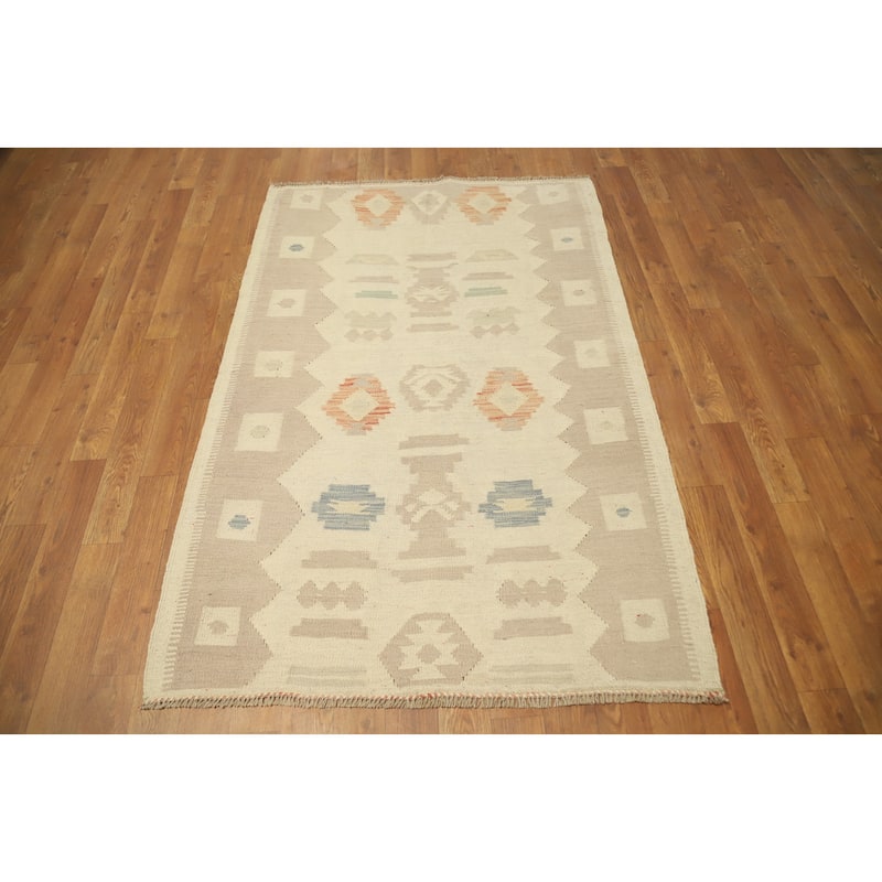 Hand Woven Oriental 100% Wool Carpet Southwestern Tribal Beige & Ivories Kilim Area Rug - 4' 9'' X 3' 2''